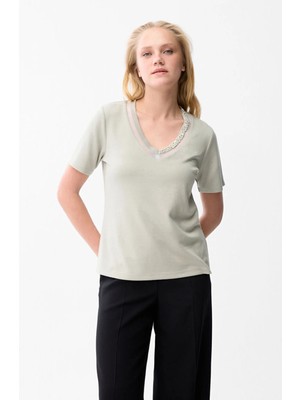 Love My Body Inci Detaylı V Yaka T-shirt Mint 175L9560001