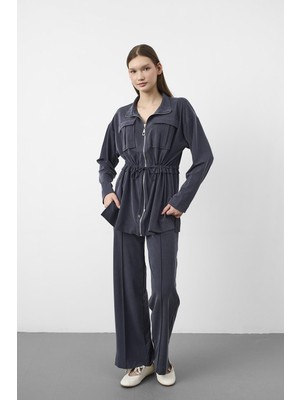 Basic Park Lacivert Tencel Akışkan Doku Beli Ayarlanabilir Ön Dikişli Ceket Pantolon Takım