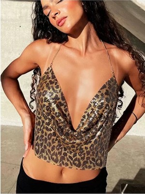 Fta Ticaret Kristal Leopard Taşlı Parlak Crop & Bluz Kolsuz Kayık Yaka Parti Plaj Büstiyer
