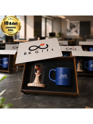 BK Gift Logonuza Özel 10 Adet Kutulu Lacivert Fincan ve Aşk Perisi Fanus Seti – Ahşap Kutulu Kurumsal Hediye Seti