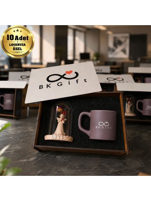 BK Gift Logonuza Özel 10 Adet Kutulu Kahverengi Fincan ve Aşk Perisi Fanus Seti – Ahşap Kutulu Kurumsal Hediye Seti