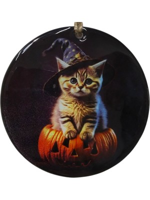 Mixperi Sihirbaz Kedi Temalı Cam Kapı Süsü - Hediyelik Halloween Dekorasyonu - 12 cm