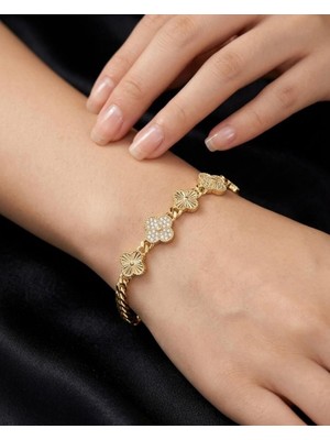 Melisa Takı & Aksesuar 14K Gold Renk Xuping Zirkon Taşlı Yonca Bileklik 20CM