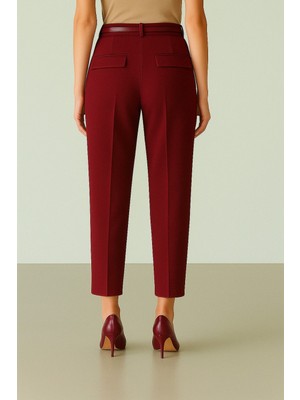 Moda Morfo Beli Kemerli Çift Cepli Pantolon  -Bordo