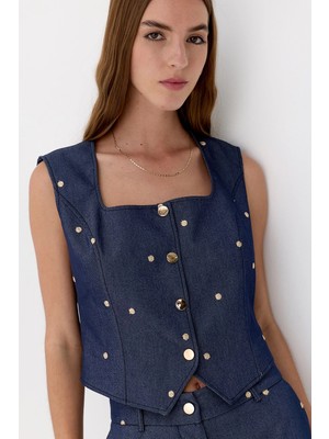 Lencie Işlemeli Denim Görünümlü Yelek Lacivert