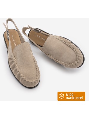 Marjin Kadın Hakiki Deri Önü Kapalı Arkası Atkılı Büzgülü Loafer Günlük Sandalet Barseli Bej Süet