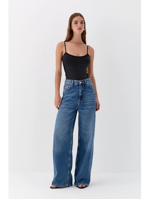 Lencie Bol Paça Denim Pantolon Mavi
