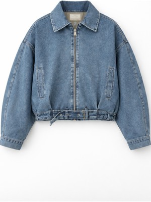 Moda Armanc Kadın Oversize Bomber Jean Ceket – Kemer Detaylı Denim Kot Ceket