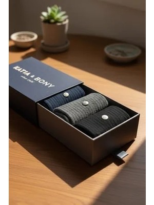 Bony Socks Erkek 3'lü Lacivert Premium Kutulu Zımbalı Soket Çorap