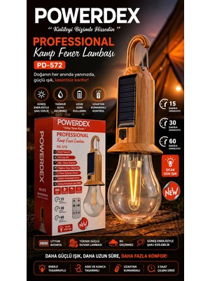 Powerdex PD-572 Solar Şarjlı Kamp Feneri Uzaktan Kumandalı LED Kamp Lambası Askılı Taşınabilir Işık