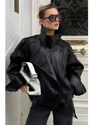 Moda Armanc Kadın Zr Model Dik Yaka Fermuarlı Deri Ceket - Yeni Sezon Siyah Oversize Ceket