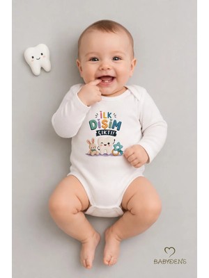 Babyden's Diş Buğdayı Body %100 Pamuk Ilk Dişim Çıktı Baskılı Uzun Kollu Bebek Body Çıtçıtlı Unisex Yenidoğan Zıbın