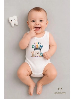 Babyden's Diş Buğdayı Body %100 Pamuk Ilk Dişim Çıktı Baskılı Kolsuz Bebek Body Çıtçıtlı Unisex Yenidoğan Zıbın