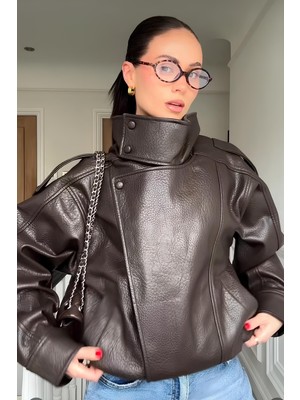 Moda Armanc Kadın Zr Model Dik Yaka Fermuarlı Deri Ceket - Yeni Sezon Siyah Oversize Ceket