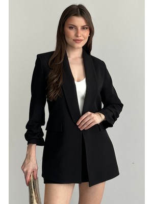 Moda Armanc Kadın Blazer Ceket Büzgülü Kol Detaylı Şık Ofis Ceket Kruvaze Yaka