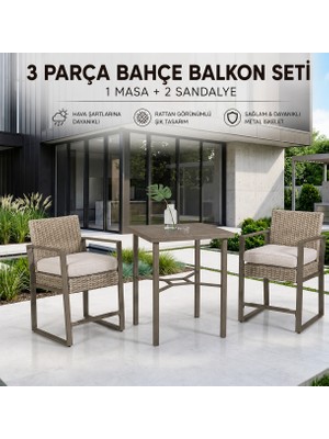 Evinizin Atölyesi 3 Parça Bahçe Balkon Masa Sandalye Seti  Rattan Görünümlü, Metal Ayaklı