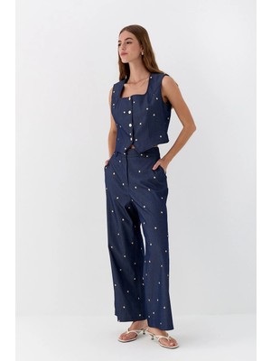 Lencie Işlemeli Denim Görünümlü Pantolon Lacivert