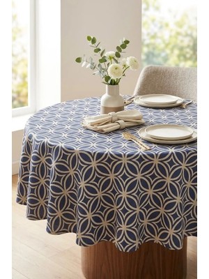 Rona Home Premium Kalite Mavi Beyaz Yuvarlak Masa Örtüsü Geometrik Desenli Leke Tutmaz Kumaş Şık Salon Örtüsü