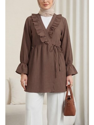 Moda Morfo Önü Fırfırlı Bağlamalı Krinkıl Kimono -Kahve