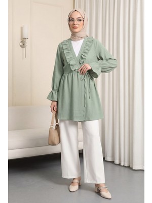 Moda Morfo Önü Fırfırlı Bağlamalı Krinkıl Kimono -Mint