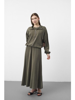 Basic Park Haki Kadın Premium Tencel Doku Sweat Üstlü Midi Elbise Takım