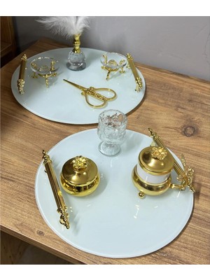 Froyi 2 Li Takım Beyaz Cam Gold Tepsi Söz Nişan ve Damat Kahve Fincan Seti