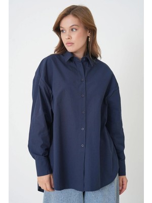 Minaaise Kadın Lacivert %100 Pamuk Oversize Tunik Gömlek 30017