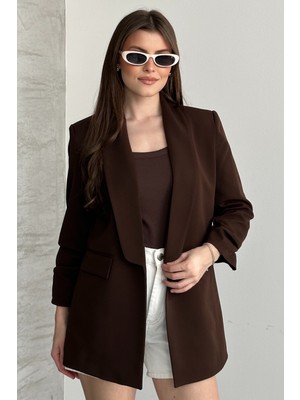 Moda Armanc Kadın Blazer Ceket Büzgülü Kol Detaylı Şık Ofis Ceket Kruvaze Yaka