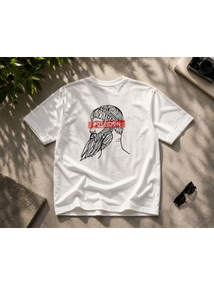 Wear Posedion Baskılı Oversize Basic Beyaz T-Shirt