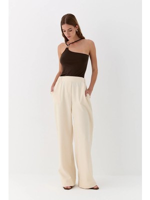 Lencie Beli Lastikli Palazzo Pantolon Bej