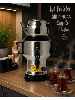 SASTECH 6 Litre Elektrikli Klasik Çay Semaveri — Süzgeç Hediyeli — 430 Paslanmaz Çelik — Gizli Rezistans —