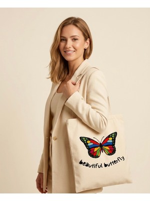 Moonpiece Collection Butterfly Renkli Baskılı Hambez Omuz Çantası