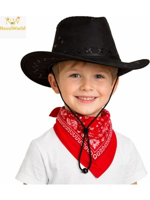 NW NessiWorld Çocuk Kovboy Şapka Siyah &amp; Kırmızı Bandana Seti