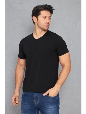 Trendhill Erkek Pamuklu Slim Fit V Yaka Tişört Siyah 5016-S