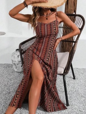 Aymood Kadın Ip Askılı Geniş V Yakalı Desenli Yırtmaçlı Süprem Midi Elbise