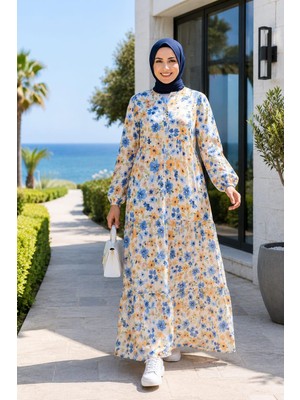 Harma Time Butik Kadın Düğmeli Desenli Modal Kumaş Mavi Elbise