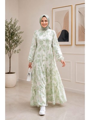 Harma Time Butik Kadın Düğmeli Desenli Modal Kumaş Haki Elbise