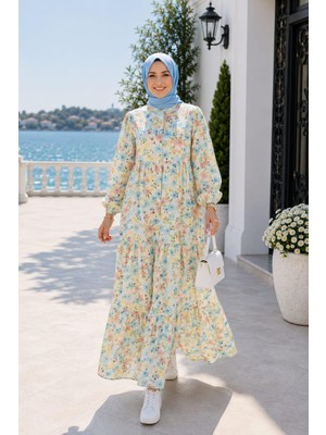 Harma Time Butik Kadın Düğmeli Desenli Modal Kumaş Bej Elbise