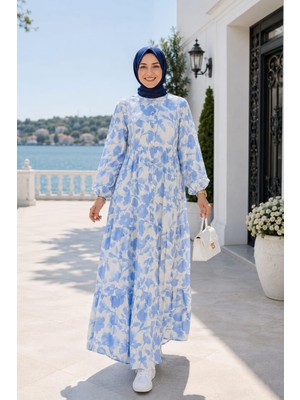 Harma Time Butik Kadın Düğmeli Desenli Modal Kumaş Beyaz Elbise