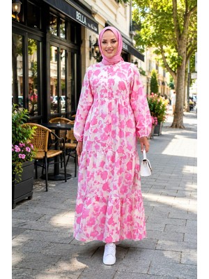 Harma Time Butik Kadın Düğmeli Desenli Modal Kumaş Pembe Elbise