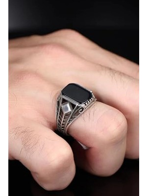 Mirari Jewelry Geometrik Desenli Oniks Taşlı Erkek Yüzük | Premium 0,40 Mikron Gümüş Kaplama