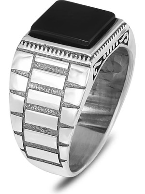 Mirari Jewelry Kare Oniks Taşlı Kordon Model Erkek Yüzük | Premium 0,40 Mikron Gümüş Kaplama