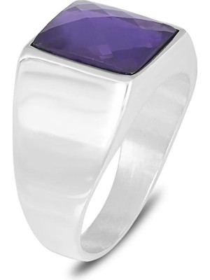 Mirari Jewelry Kare Faset Kesim Ametist Taşlı Sade Model Erkek Yüzük | Premium 0,40 Mikron Gümüş Kaplama