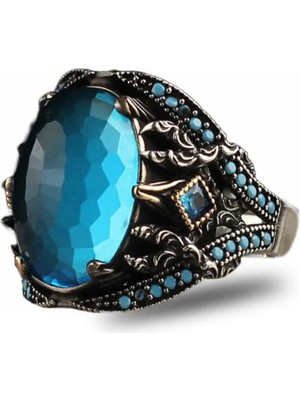 Mirari Jewelry Akuamarin Taşlı Işlemeli Erkek Yüzük | Premium 0,40 Mikron Gümüş Kaplama