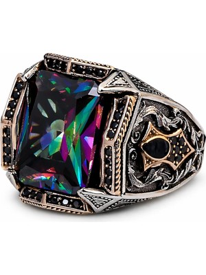 Mirari Jewelry Büyük Mistik Topaz Taşlı Erkek Yüzük Siyah Zirkon Taş Detaylı | Premium 0,40 Mikron Gümüş Kaplama