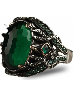 Mirari Jewelry Yeşil Zirkon Taşlı Işlemeli Erkek Yüzük | Premium 0,40 Mikron Gümüş Kaplama