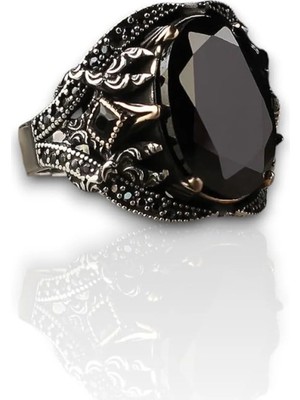 Mirari Jewelry Siyah Zirkon Taşlı Osmanlı Motifli Erkek Yüzük | Premium 0,40 Mikron Gümüş Kaplama