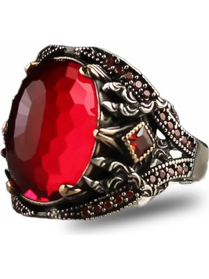 Mirari Jewelry Kırmızı Zirkon Taşlı Osmanlı Motifli Erkek Yüzük | Premium 0,40 Mikron Gümüş Kaplama