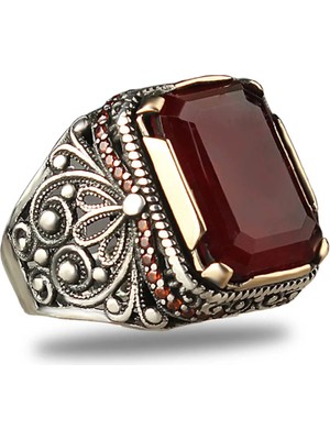 Mirari Jewelry Paraiba Taşlı Köşeli Kesim Osmanlı Motifli Erkek Yüzük | Premium 0,40 Mikron Gümüş Kaplama