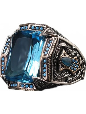 Mirari Jewelry Büyük Akuamarin Taşlı Erkek Yüzük Firuze Taş Detaylı | Premium 0,40 Mikron Gümüş Kaplama
